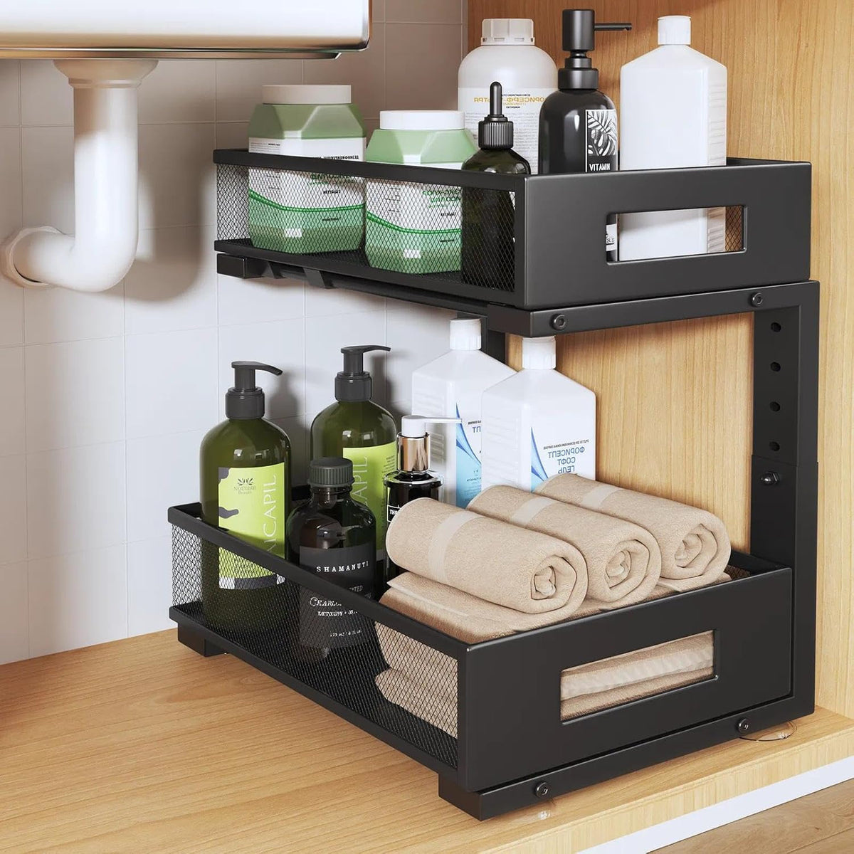 2-Tier Under Sink Organizer with Sliding Drawers, Pull-Out Cabinet Organizer with Adjustable Height, Kitchen & Bathroom Storage Shelf, Black, 1 Pack