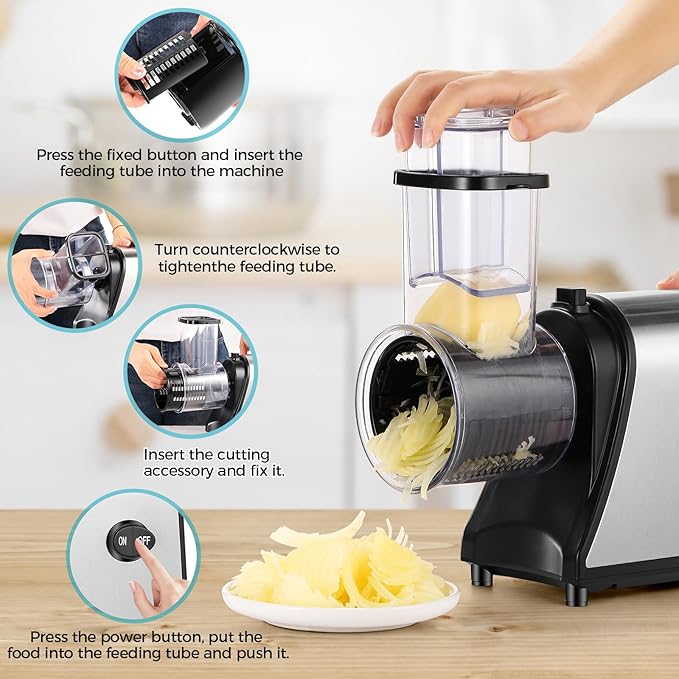 Electric Cheese Grater, 250W Electric Slicer Shredder, One-Touch Control Electric Salad Machine for Cheese, Fruits, Vegetables, Salad Maker with 5 Different Shapes of Blades, 2026 Upgrade