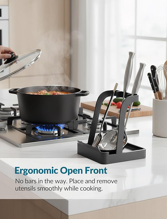 NiHome Big Pot Lid Holder and Spoon Rest with Removable Drip Tray – Black Iron Kitchen Counter Organizer for Cooking Utensils, Ladles, Spatulas, Cutting Boards & Cookware
