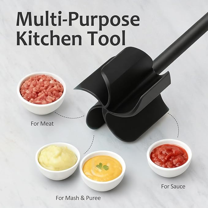 Ourokhome Meat Chopper and Potato Masher, Heat Resistant Nylon Ground Beef Smasher for Hamburger, 5 Curved Blades Nonstick Safe Mixer & Stirrer Practical Kitchen Gadgets, Teal