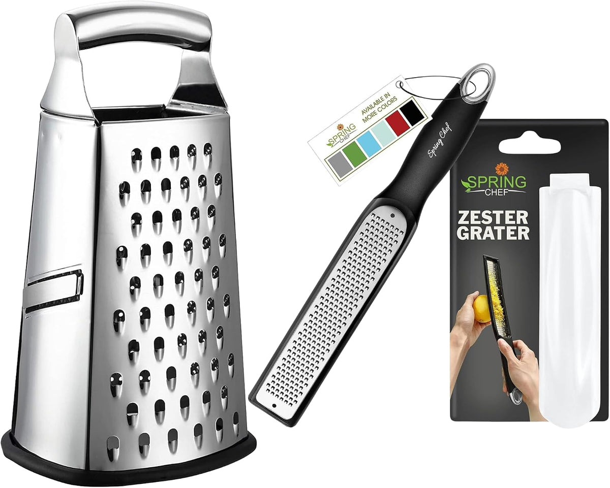 Professional Box Grater, Large & Premium Handheld Zester, Black - 2 Product Bundle