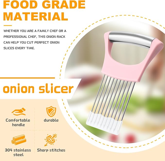 Pink Stainless Steel Onion Holder for Slicing,Onion Slicer Holder, Onion Cutter for Slicing of Onions, Tomatoes,Avocados,Eggs and Other Vegetables,Valentine's Day Gift Kitchen Utensils (Pink)
