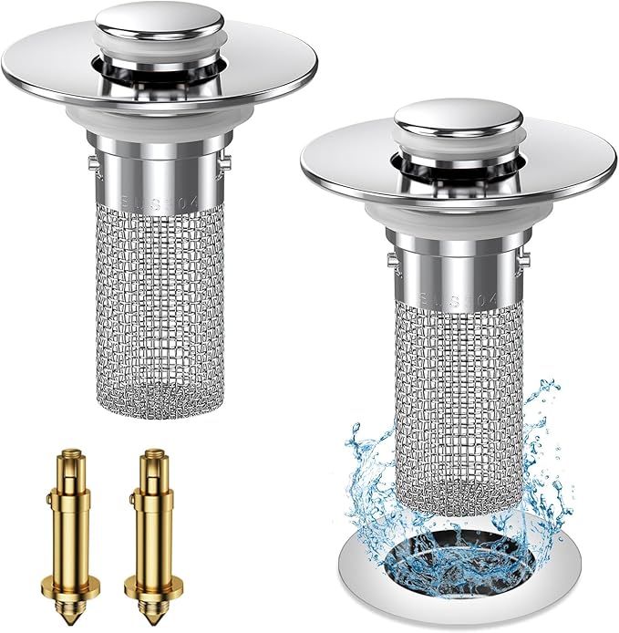Vakabiu 2024 New Pop Up Bathroom Sink Drain Strainer Hair Catcher, Sink Drain Stopper with Removable Stainless Steel Filter Basket,for US Bathroom Sink Stopper Replacement (2PCS)