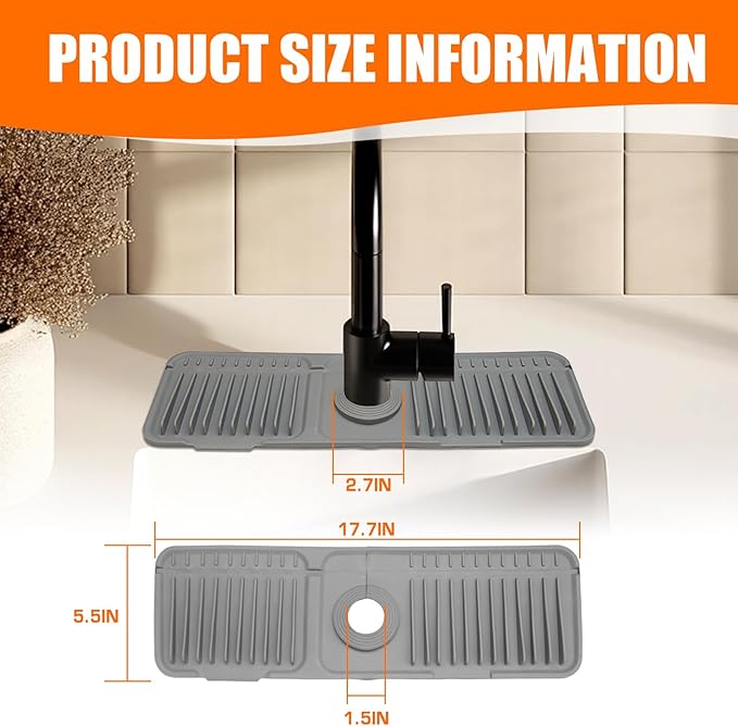 17.7" Silicone Faucet Mat for Kitchen Sink,7° Draining Mat with Snap Button Lock,Faucet Splash Guard and Sink Counter Organizer,Trim-to-Fit Kitchen Faucet Protector for Sponge Brush Cup