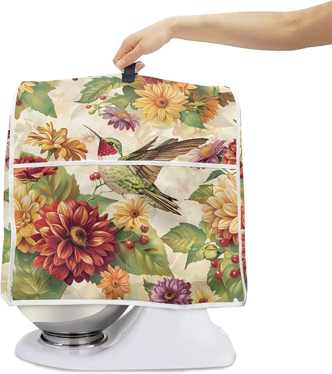 Floral Hummingbird Kitchen Dust Covers for Stand Mixer with Handle & Storage Pocket Oil-Resistant Food Processor Covers for Kitchen Counter Universal Fits 4.5-5 Qt Kitchen Mixers