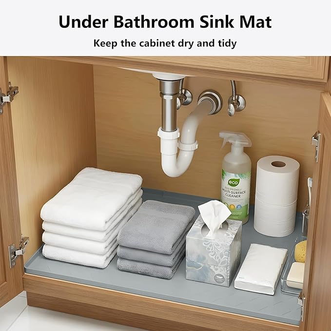 Mateeylife Under Sink Mats for Kitchen Waterproof 28"X19", Undersink Protectors，Silicone Mat Cabinet Liner, Under Sink Organizer for Bathroom and Kitchen，Boot Tray Pet Food Mat, Light Grey