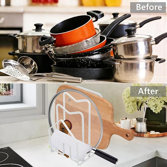 Kitchen Countertop Pots Pan Lids Rack (White)