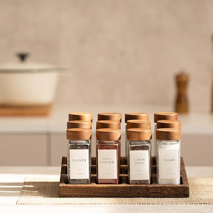 Yangbaga Glass Spice Jars with Labels: 24pc 4oz Square Seasoning Containers and 2pc Rack with Airtight Wood lid,Pepper Grinder,Funnel; Empty Spice Organizer Bottles for Kitchen Drawer Cabinet