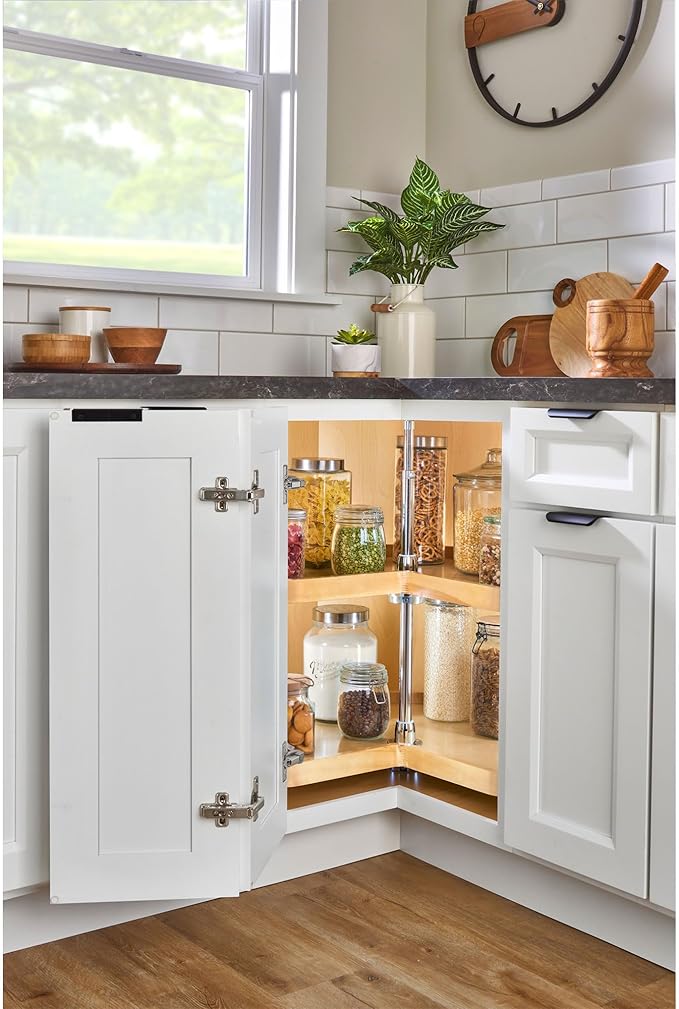 Rev-A-Shelf Dual Shelves Kidney-Shape 32" Lazy Susan Turntable Home Organizer for Diagonal Lower Corner & Base Kitchen Cabinets, Wooden, 4WLS472-32-52