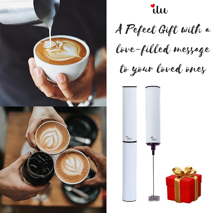 ilu Rechargeable Milk Frother | Drink Mixer | Coffee Frother Handheld with USB-C Charging, stainless steel body, foam, stirrer for Milk, Coffee, matcha, cappuccino, latte, egg (WHITE)