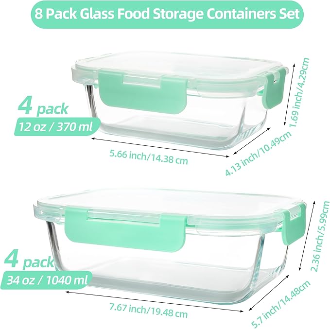 16PCS (8 Bowls + 8 Lids) High Borosilicate Glass Meal Prep Containers, Food Storage Containers with Airtight Lids, Glass Lunch Bento Boxes, Dishwasher Safe, mint