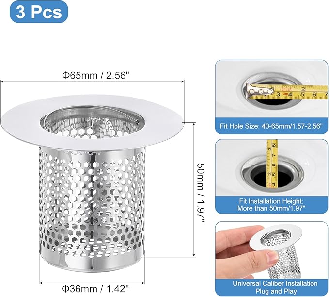 uxcell 2 Pack Shower Drain Strainer, 2" x 2.5" Stainless Steel Floor Drain Strainer Deep Sink Hair Catcher for Kitchen Bathroom Balcony Floor Drain, Fit Hole Size from 1.57" to 2.56"