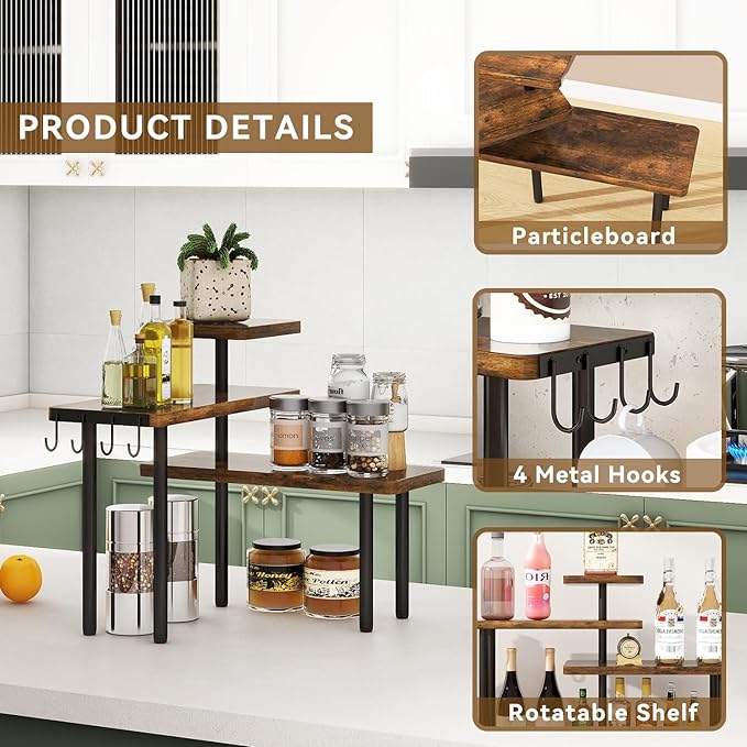 IBUYKE Kitchen Countertop Organizer,3-Tier Wooden Spice Racks,Bathroom Counter Organizer，Rotating Adjustable,4 Side Hooks,Corner Shelf for Kitchen,Coffee Bar, Cabinet, Desk,Rustic Brown,TLJ023H