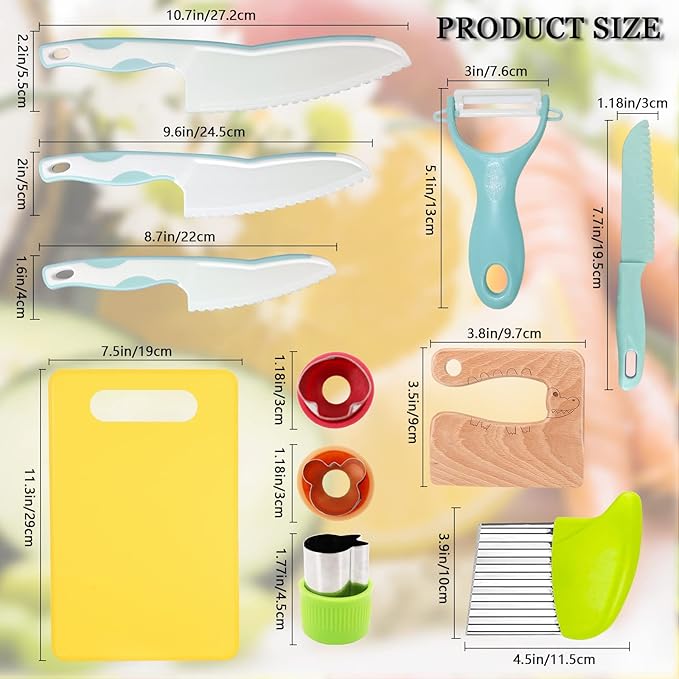 RISICULIS 11 Pieces Wooden Kids Kitchen Knife, Blue Kids Knife Set Include Wood Kids Knife, Serrated Edges Plastic Toddler Knife, Crinkle Cutter, Sandwich Cutter, Y Peeler, Cutting Board