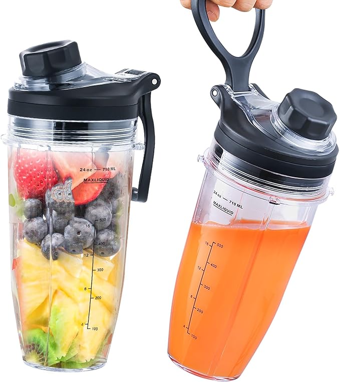 Replacement 24oz Blender Cup and New Lid with Handle for Nutri Ninja BN401 BN751 BN801 Foodi SS101 SS151 SS351 SS401 BL450 BL456 BL480 BL482 BL640 BL642 BL682 Ninja Blender Auto IQ Blade, 2-Pack