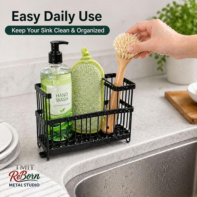 Kitchen Sink Caddy Matte Black, Stainless Steel Sponge Holder with Drainage Tray, Sink Organizer for Sponges, Brushes & Soap, Countertop Storage Rack, 9.4 x 4.7 x 6.5 Inch