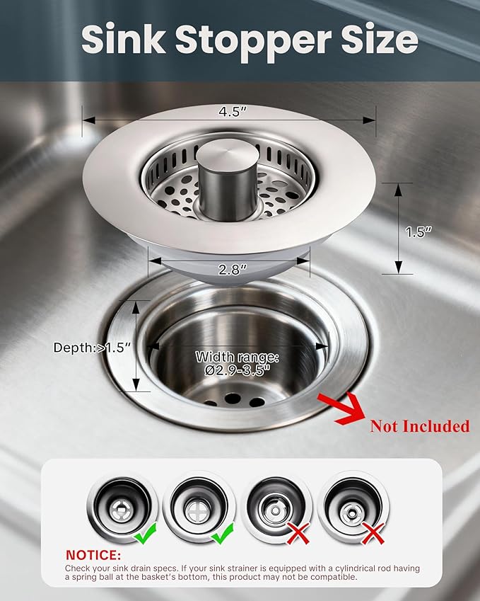 ARCORA Kitchen Sink Drain Strainer: Stainless Steel 3 in 1 Sink Stopper with Anti-Clogging Basket, Kitchen Strainer with Brass Bounce Core for Standard 3-1/2 Inch Drain, Brushed Nickel