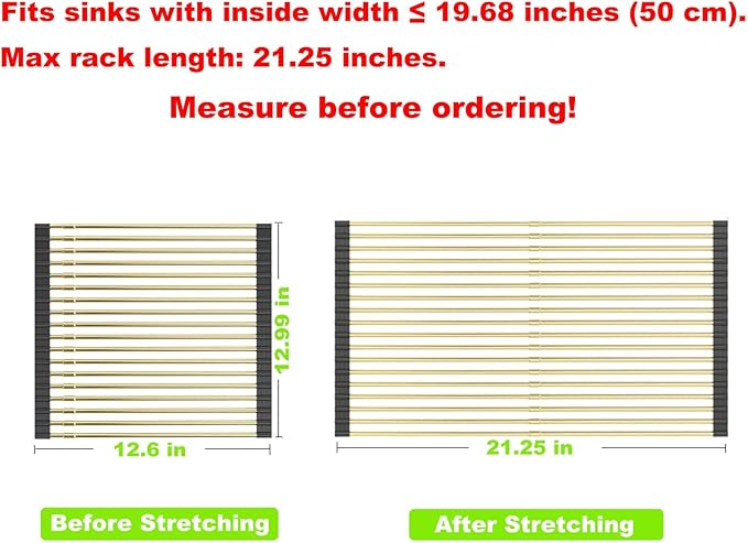 Expandable Roll Up Dish Drying Rack, Adjustable Large Over The Sink Rack Draining Rack (Max Extends to 21.25”) for Stainless Steel Sinks, Collapsible Silicone Rolling Up Rack 18 Tube for Kitchen, Gold