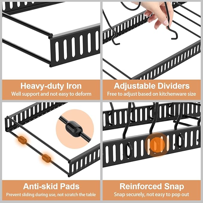 Housolution 2 Pack Pot and Pan Organizer, 12"-23" Expandable Pot Lid Organizer with 14 Adjustable Dividers, Pan Lid Holder Storage Rack for Cabinet, Black