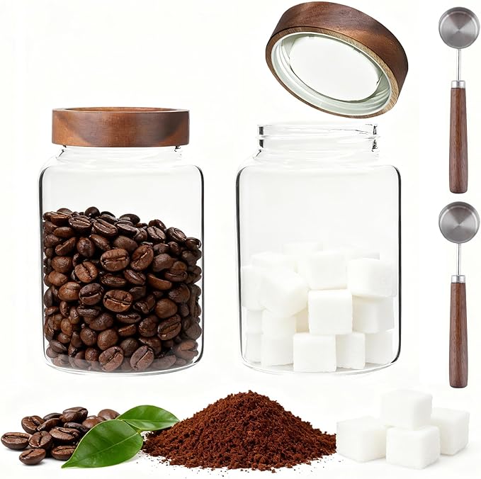 60 oz Glass Coffee Jars with Wooden Airtight Lid Spoon Clear Herb Ground Canister Round Food Storage Container for Sugar Pantry Flours Tea Coffee Bean Spice Cookies (1800ml/60oz-2PACK（with spoon))