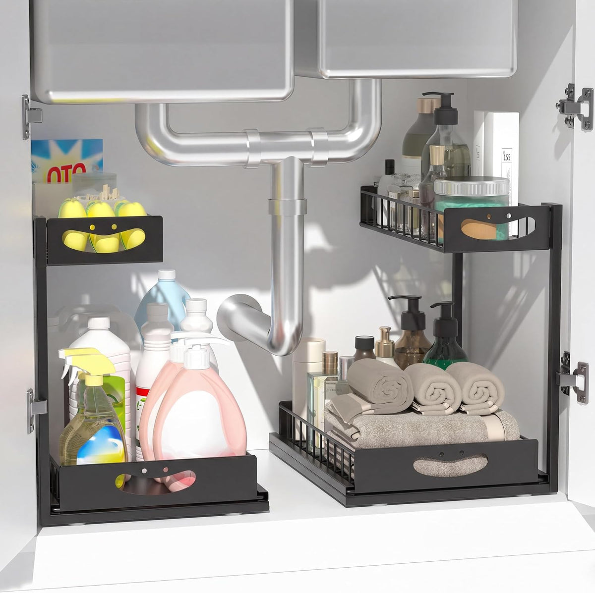 Under Sink Organizer with Pull-Out Drawers,Kitchen Sink Organizer,2 Tier Bathroom Organizers And Storage,Bathroom Accessories Set,Black 2 Pack