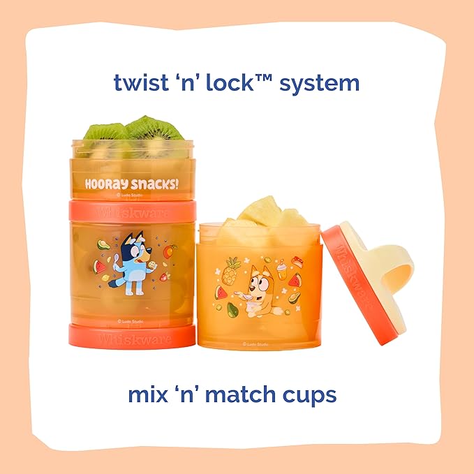 Whiskware Bluey Stackable Snack Containers for Babies, Toddlers, and Kids, 3 Stackable Snack Cups for School and Travel, Cupholder Friendly, Bluey and Bingo! Hooray Snacks!