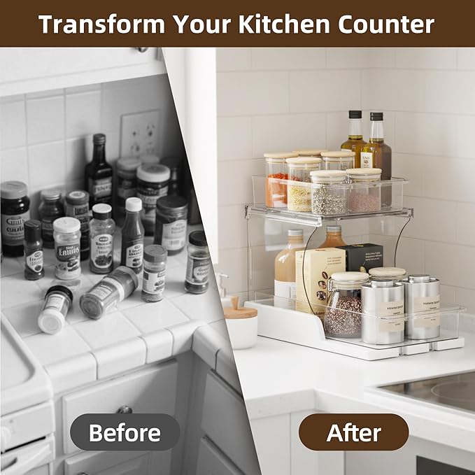 Spice Rack Organizer for Cabinet 2pcs, 2 Tier Countertop Shelf Organizer with Pull Out Rotating Bottom Shelf, Acrylic Kitchen Spice Organizer for Pantry, Counter and Cabinet Storage