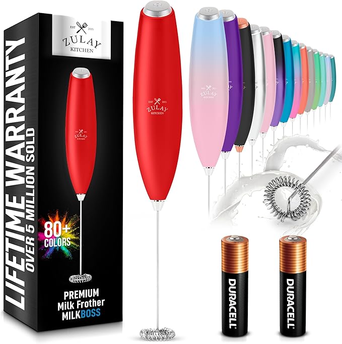 Zulay Kitchen Milk Frother Handheld Electric Whisk with AA Duracell Batteries – Durable Drink Mixer for Coffee, Lattes, Cappuccinos & More - Red
