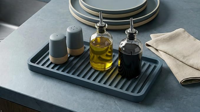 Silicone Kitchen Sink Organizer Tray, Sponge Holder and Countertop Protector | Bathroom and Kitchen Soap Dish and Dispenser Tray (Grey, 10"x5.25")