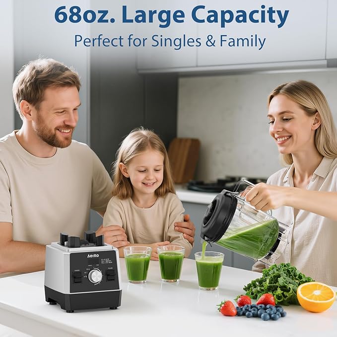 Aeitto Blenders for Kitchen 1800W Professional Countertop Blender, 68Oz Large Capacity Smoothie Blender with 3 Programs & 7 Speeds for Smoothies, Ice Crush, Frozen Drinks, Black