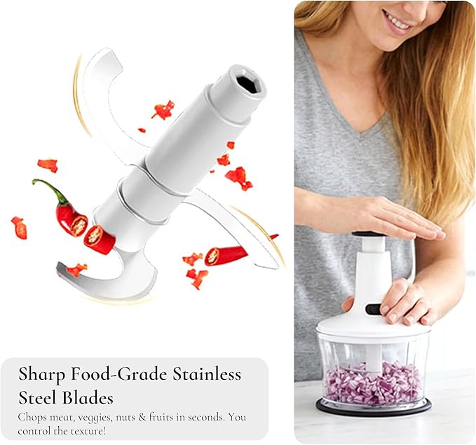 Manual Hand Push Food Chopper, Vegetable Dicer Mincer with Container, Egg Whisk & Salad Spinner for Salsa, Salad, Pesto, Hummus