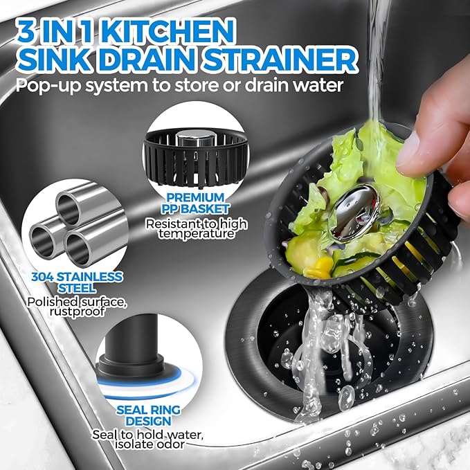 Sink Drain Strainer - Brushed Black Kitchen Sink Stopper, 3 in 1 Stainless Steel Pop-Up Drain Plug with Anti-Clog Basket, Matte Black Cover Fits Standard 3-1/2" Kitchen Sink Drains