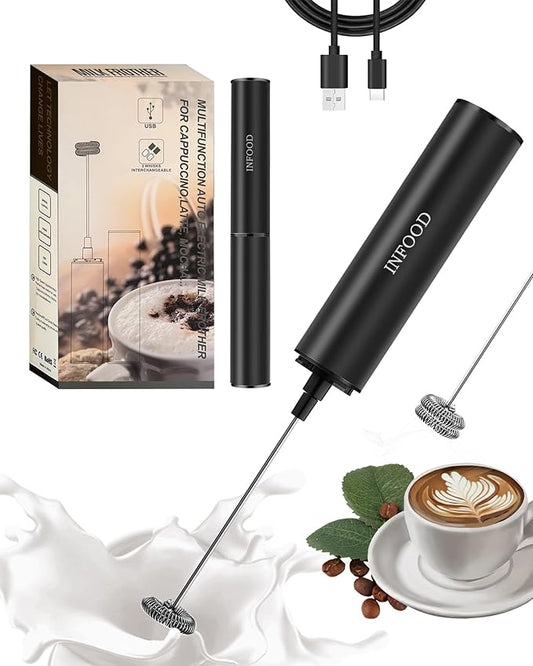 INFOOD Milk Frother Rechargeable with Cover - Coffee Frother Wand, Drink Mixer Handheld with 2 Detachable Stainless Whisks 2 Speed Adjustable for Latte, Cappuccino, Hot Chocolate, Egg, Black