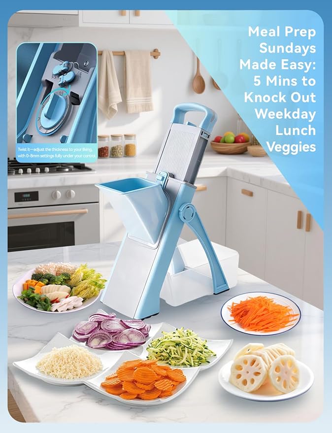 Safe Mandoline Slicer 8-in-1- Adjustable Vegetable & Potato Cutter with Removable Basket, 420 Stainless Blades, Foldable for Easy Storage