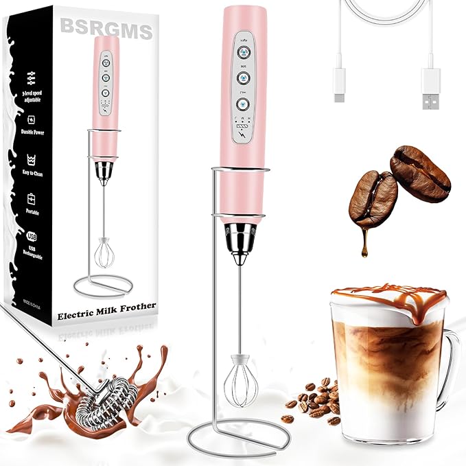 BSRGMS Milk Frother Handheld with Stand, Electric Whisk 3 Speed Adjustable, Drink Mixer with Stainless 3 Whisks, Rechargeable Hand Frother Wand, Foam Maker for Latte Cappuccino Hot Chocolate Egg Pink