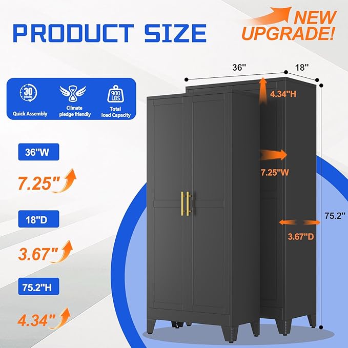GAIOUS 75.2" Tall Metal Storage Cabinet with 2 Doors and 5 Adjustable Shelves, New upgrade Kitchen Pantry Cabinet, Black Freestanding Cupboard, 6 Tier Steel Storage for Office, Kitchen, Dining, Garage