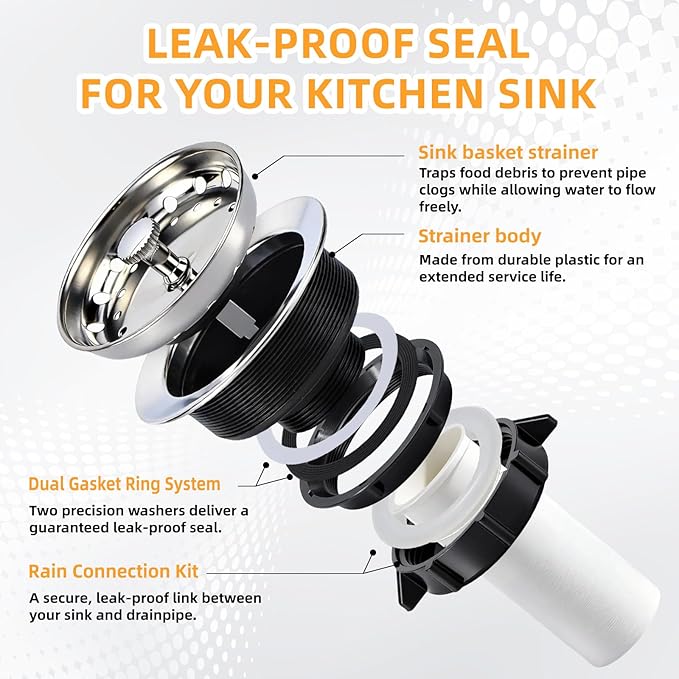 Kitchen Sink Drain Assembly, Stainless Steel Basket Strainer with Knob, 3-1/2 Inch Sink Drain Stopper Plug, Threaded Plastic Sink Strainer Tailpiece 1-1/2 in