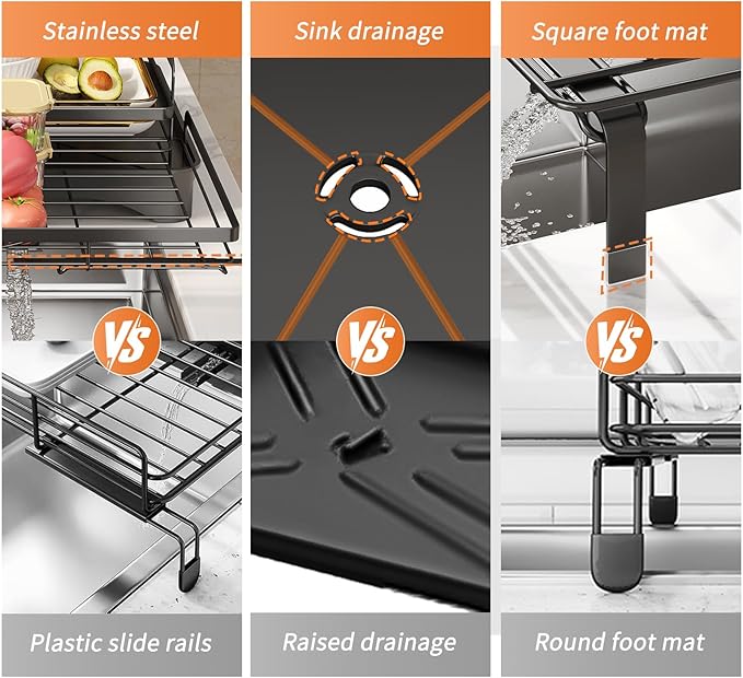 PureBox Extendable Dish Rack for Kitchen Sink - Heavy-Duty Adjustable Over Sink Drying Rack with Utensil Holder & Drain Tray, Space Saving Steel Frame Dish Rack (Black)
