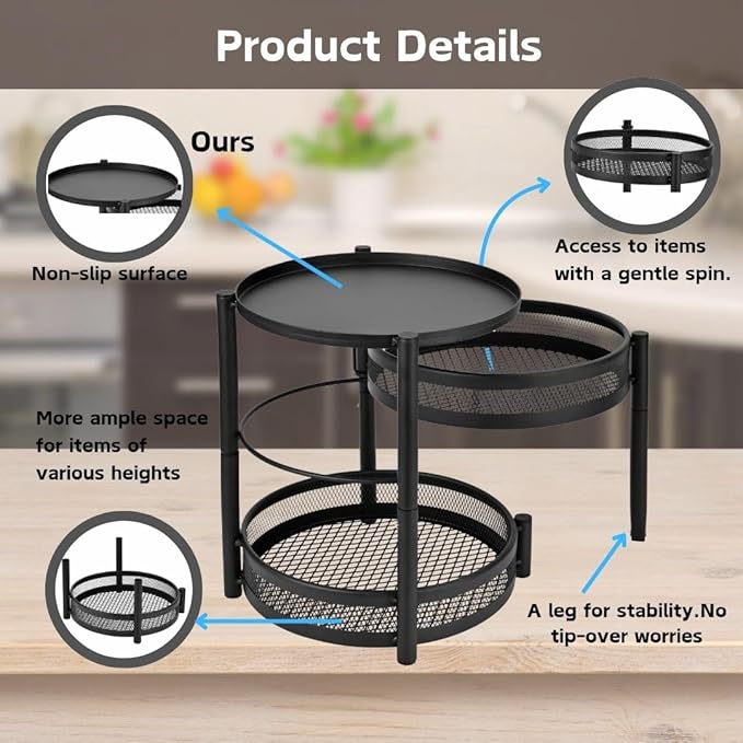 IBERG 3 Tier Spice Organizer with Rotating Middle Tier, Space Saving Kitchen Countertop Rack, Metal Pantry Organizer for Spices, Jars & Seasoning (Black)