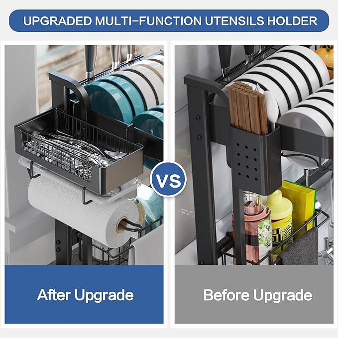 LIVOD Over Sink Dish Drainer Drying Rack, 2 Tier Full Stainless Steel Storage Adjustable Length Kitchen Rack, Multifunctional Expandable Counter Organizer, Space Saver Dish Rack