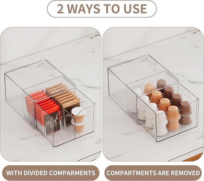 2 PCS Clear Stackable Storage Drawers with Adjustable Dividers, 6 Compartments Plastic Tea Bag Organizers, Acrylic Food Storage Bins for Pantry, Kitchen Cabinet, Fridge, Sugar & Spice Packets, Snacks