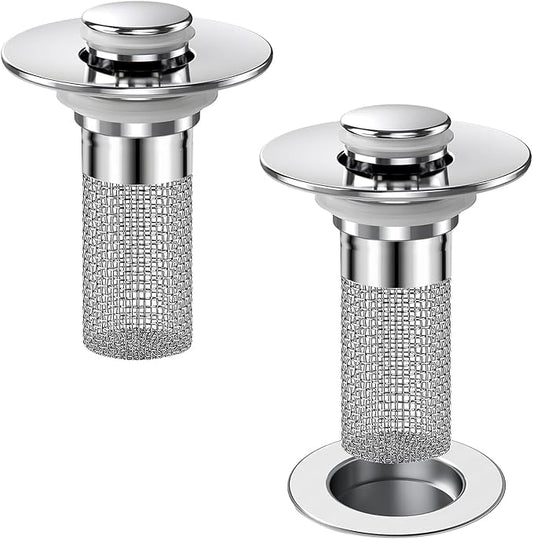 Bathroom Sink Drain Strainer, Pop-up Sink Stopper Hair Catcher with Removable Stainless Steel Filter Basket