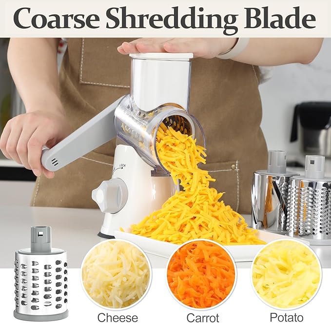 Cambom Rotary Cheese Grater Hand Crank Cheese Shredder for Fresh Cheese, Vegetable, Nuts,Non-slip Suction Base, Five Blades, White