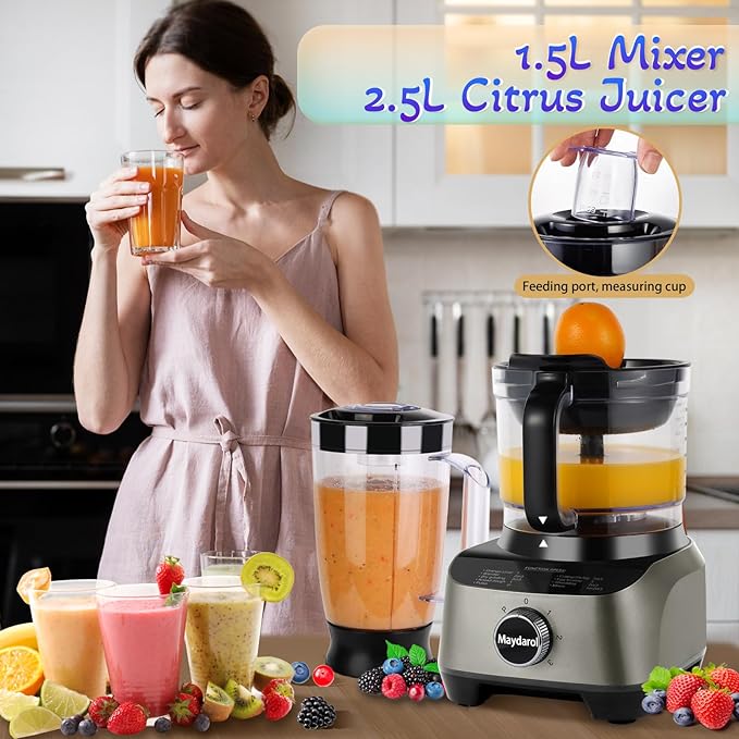 11 in 1 Food Processor Blender Combo,51oz Juice Blender, large Chute 14cup Food Processor,blenders kitchen for Chopping/Mixing/Mincing/Slicing/Shredding/Purees & Dough, safety lock 600W