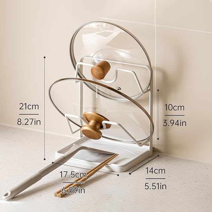 PAVSTINE Pot Lid Holder, 2 Tier Pan Lid Holders While Cooking, Lid and Spoon Rest for Kitchen Counter, Pot Lid Organizer Stand with Drip Tray, Pot Lid Rack Kitchen Utensil Holder Rest, White