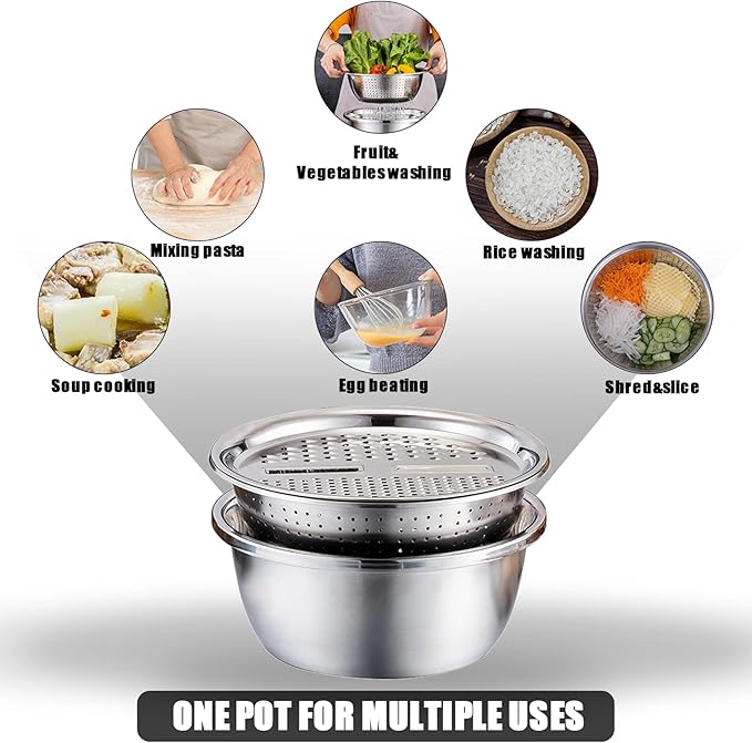 Multifunctional Stainless Steel Basin,Multi Stainless Steel Basin with Grater Vegetable Cutter Slicer Grater Strainer Drain Basket Salad Maker Bowl Colanders for Salad Maker