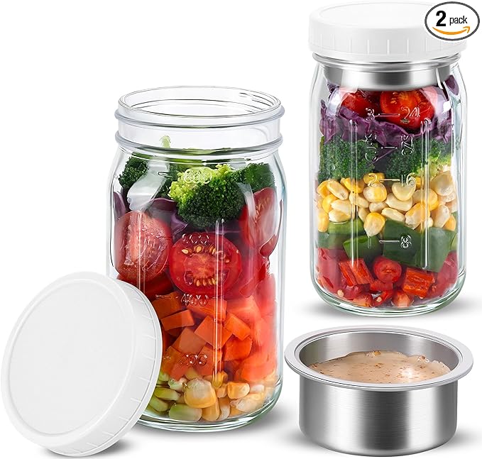 KTKUDY 2 Pack 32 oz Glass Salad Jars with Dressing Cups (Pod) - Meal Prep Salad Container for Lunch - Leakproof Mason Jars with Lids