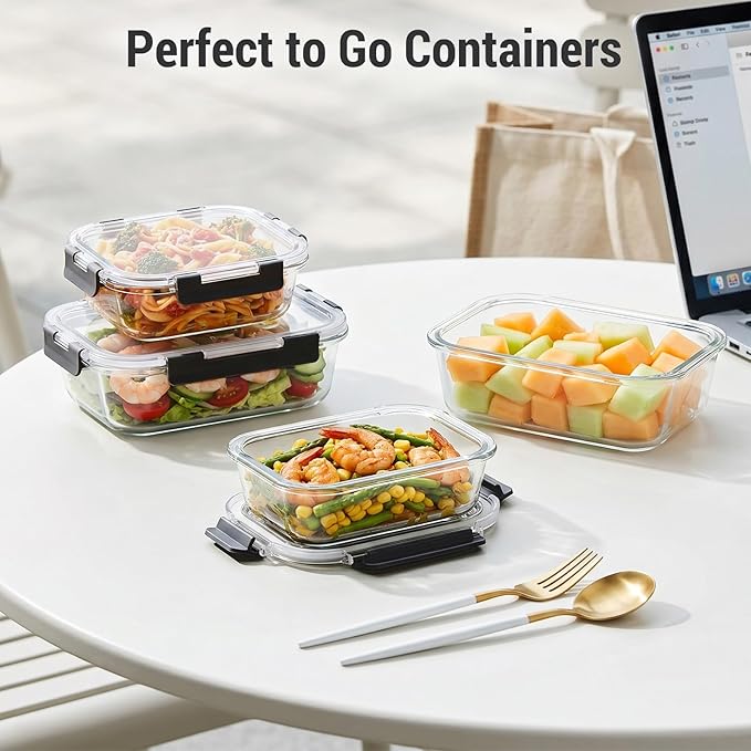 Dealusy 10 Sets (20-Piece) Glass Meal Prep Containers with Lids, Five 36 oz & Five 12 oz Airtight Leak-proof Glass Food Storage Containers with lids, Microwave Oven Freezer Dishwasher Safe, Black