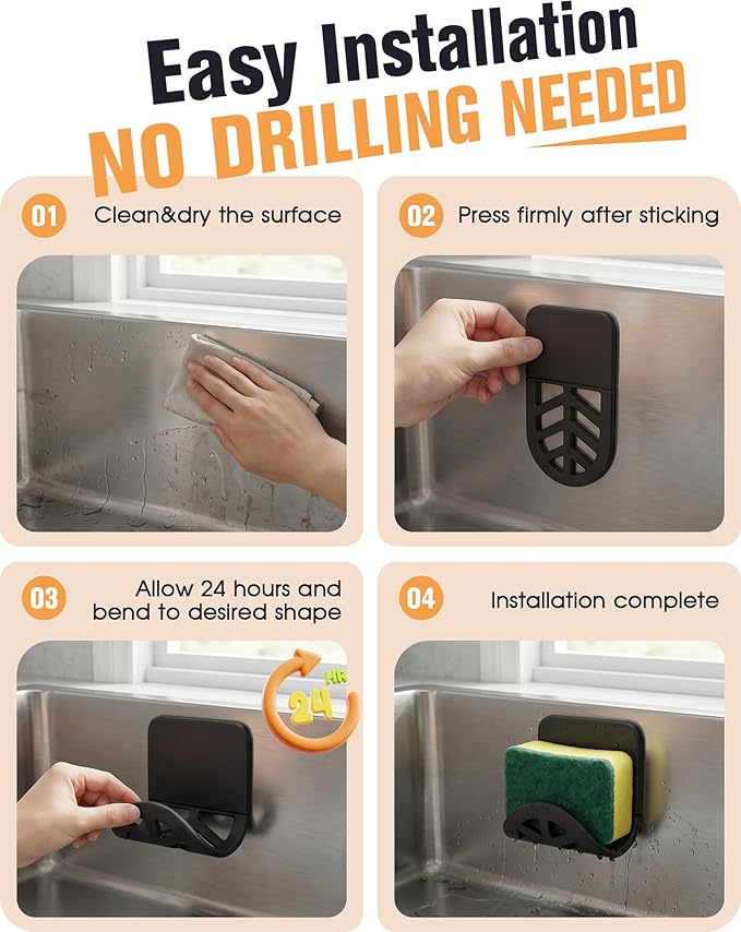 2Pack Sponge Holder for Kitchen Sink, Strong Self-Adhesive Sink Caddy Soap Holder, Silicone Rustproof for Sponges, Brushes, Stoppers, Razo, Flexible-2.9" x 4.92" (Black)