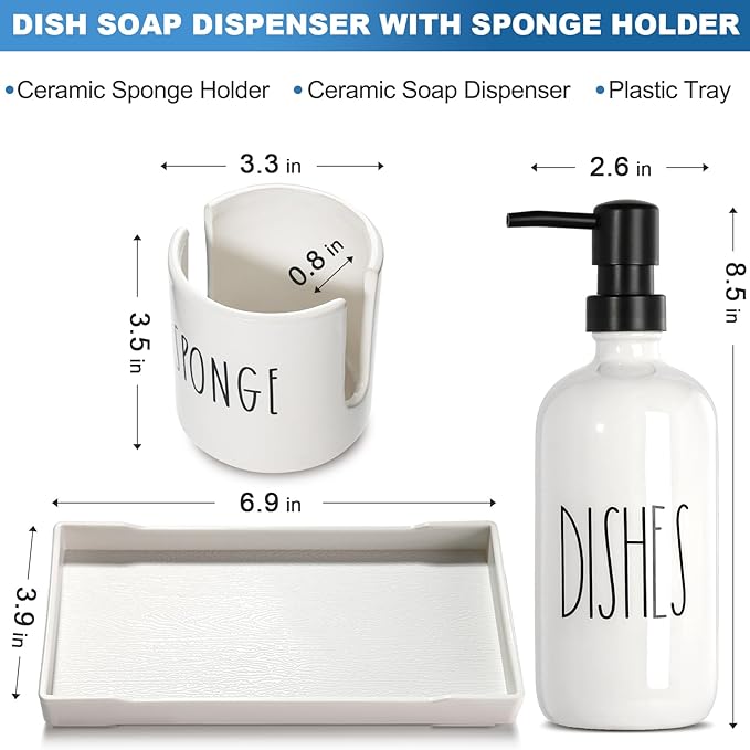 Dish Soap Dispenser for Kitchen, Ceramic Dish Soap Dispenser with Sponge Holder, White Dispenser Set with Tray, 3 in 1 Countertop Sink Organizer, Farmhouse Modern Kitchen Decor